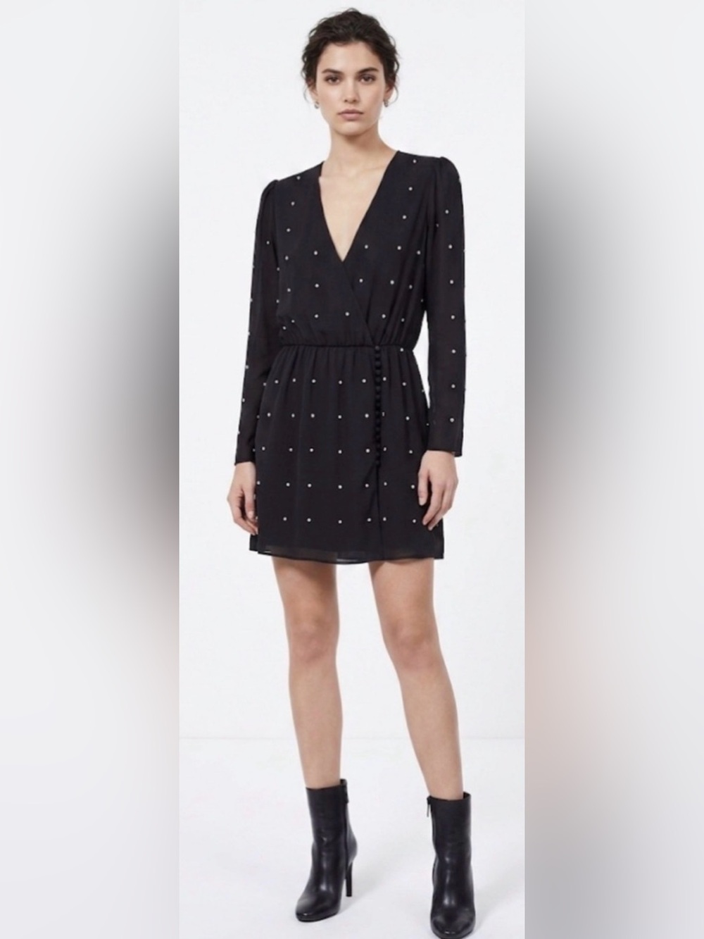 NWT The Kooples Black Crystal Embellished Faux Wrap Mini Dress - Size 2